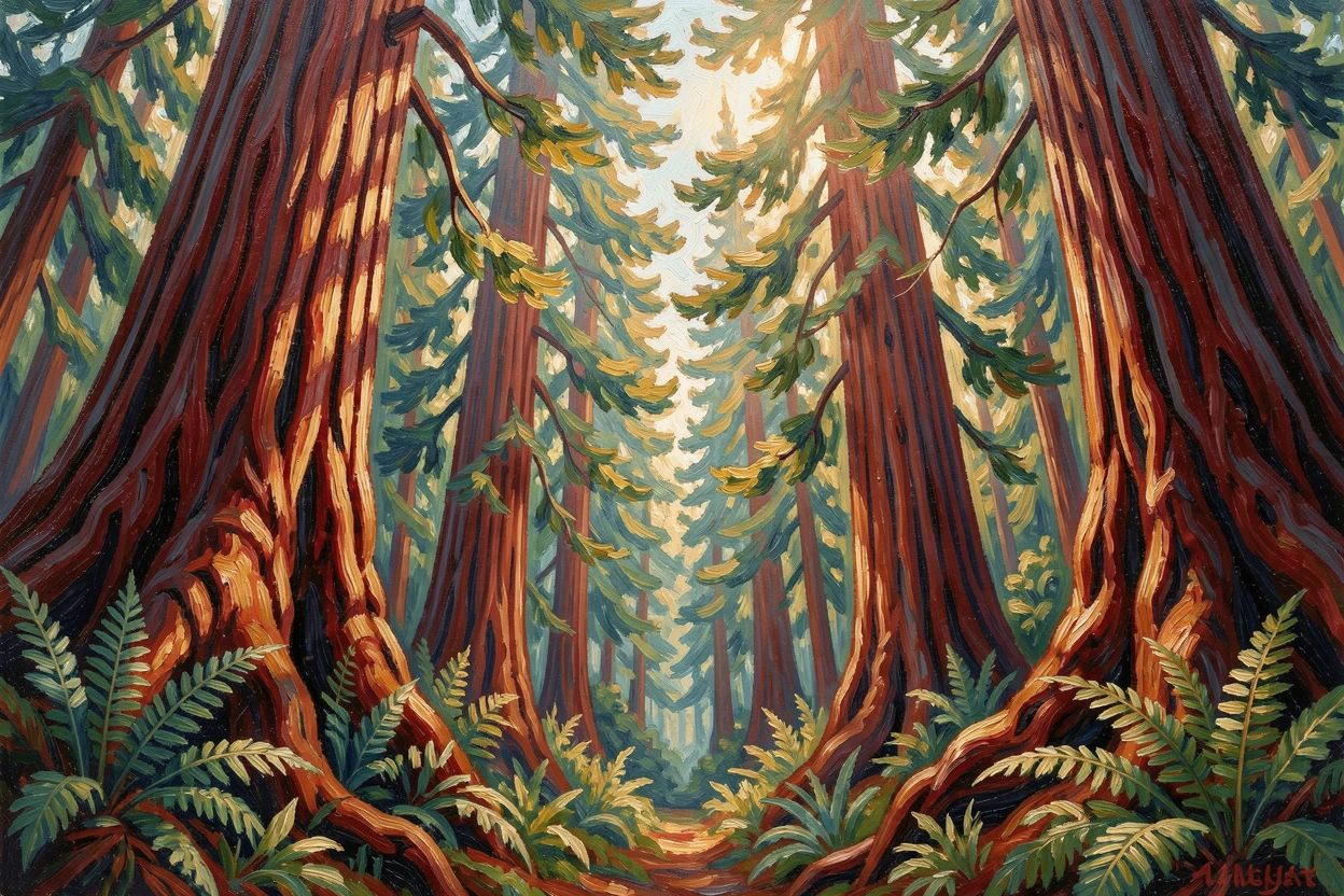 A dense redwood forest with towering ancient trees and soft light filtering to the ferny floor.