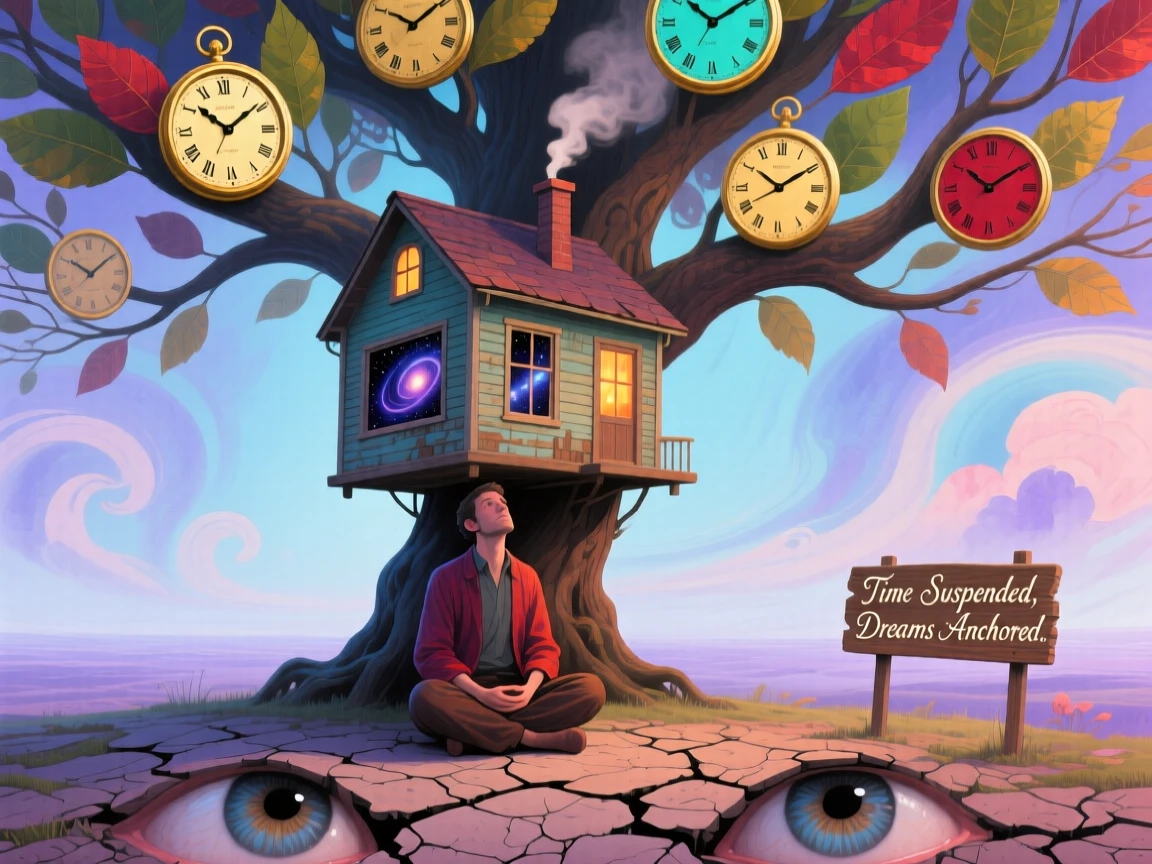 A man walking with a house balanced on his shoulders sits beneath a tree whose leaves are made of clock faces, while the world around them fades into soft watercolor mist.