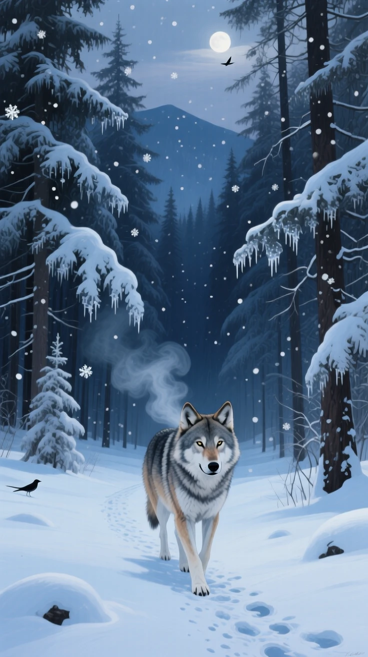 Snow falls silently through a dark pine forest in the Carpathians, a lone wolf pausing mid-stride to look toward the viewer, its breath visible in the frigid air, with the crisp, still air carrying only the faintest sounds of distant birdsong.