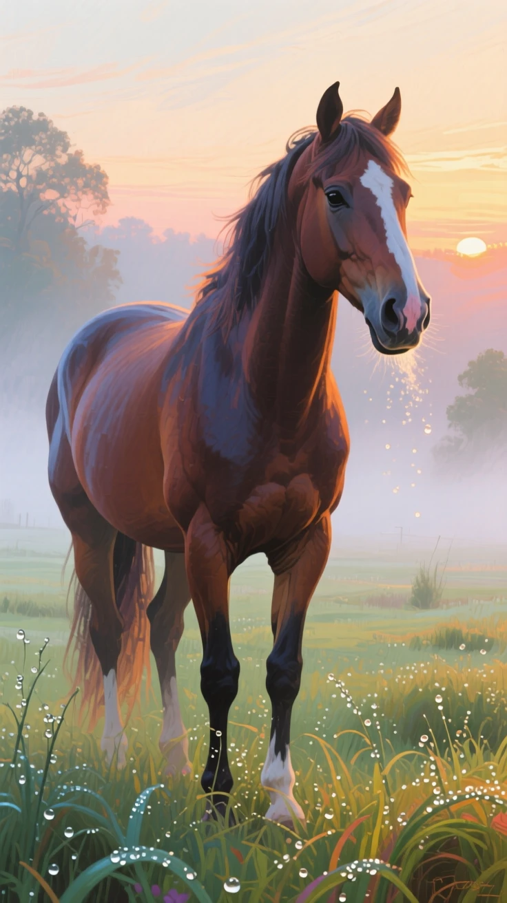 A horse standing in a misty pasture at dawn, breath visible and dew clinging to the grass