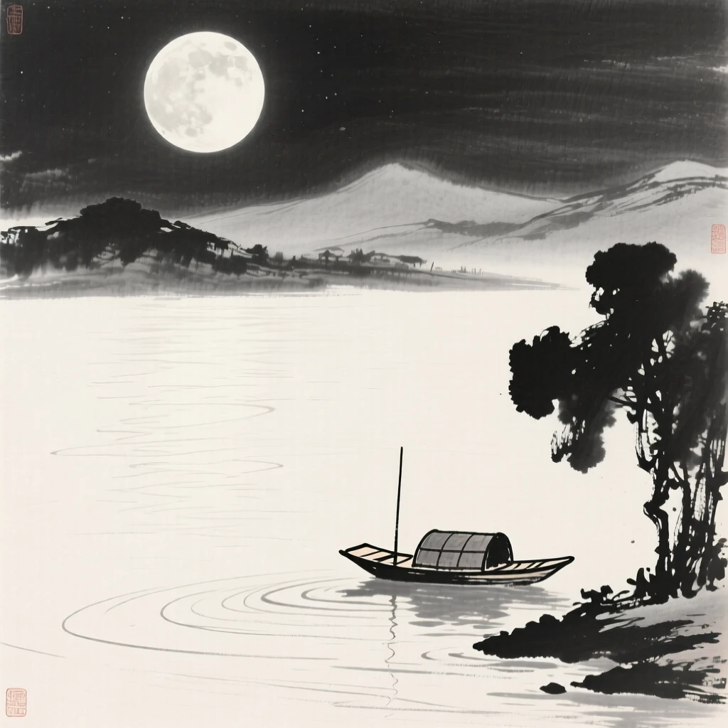 a serene lake beneath a rising moon, with a single small boat drifting near the shore.