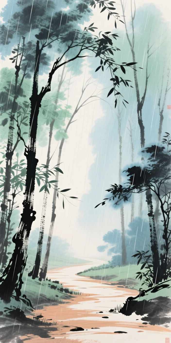 A forest path dappled with soft light, through a curtain of fine rain.