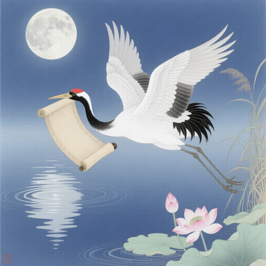A celestial crane carrying a scroll in its beak over a calm lake reflecting the full moon
