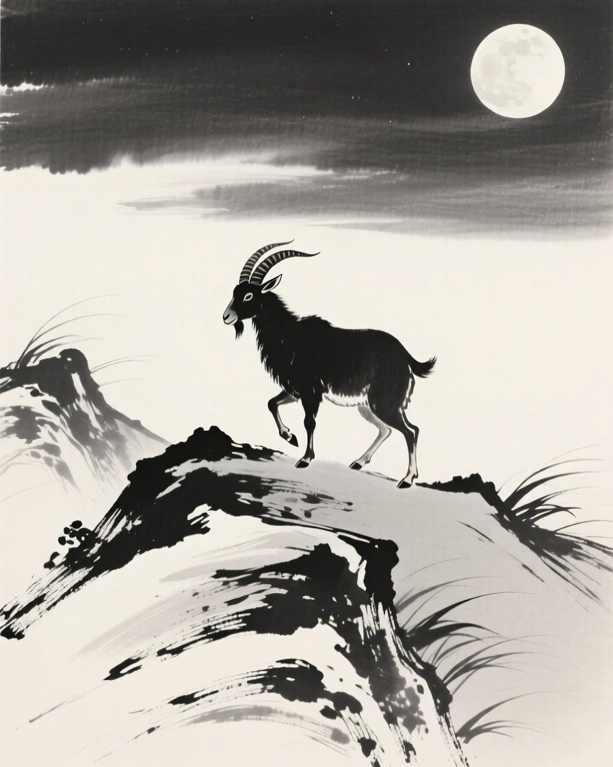 A mountain goat wandering along a windswept ridge in a moonlit clearing, positioned off-center, leaving space for the quiet landscape around it, carrying a sense of quiet dignity and wildness.