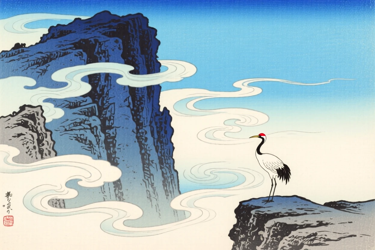 A rocky cliff face, wrapped in swirling morning fog, under a brilliant blue midday sky.