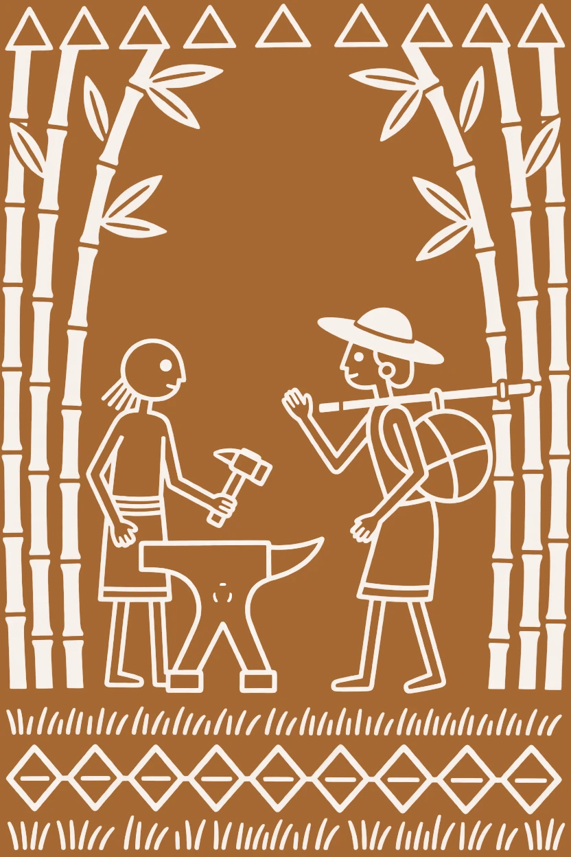 A village blacksmith greeting a traveler arriving from afar in a bamboo grove at the village boundary.