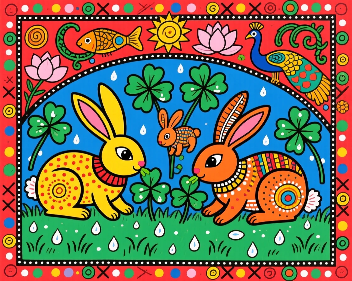 A family of rabbits nibbling clover in a dew-covered garden.