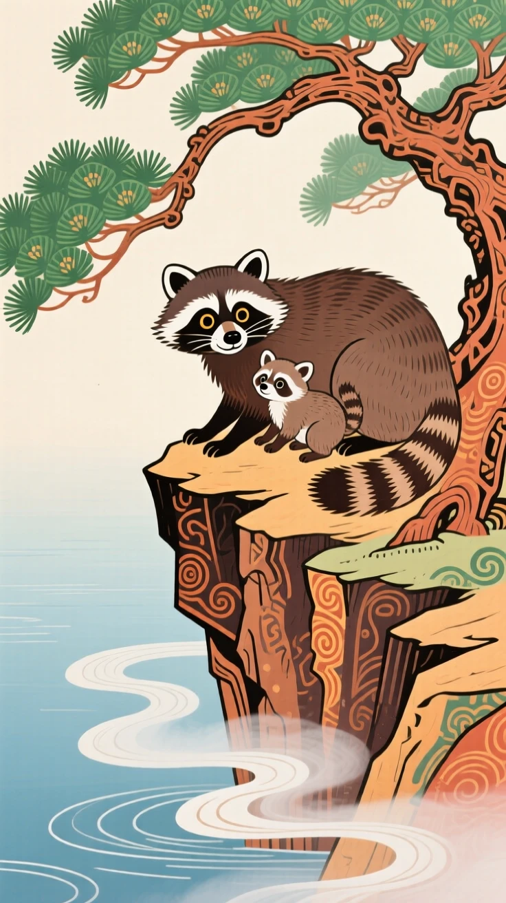 A raccoon dog with its young on a cliffside pine tree, as morning mist rises from the water.