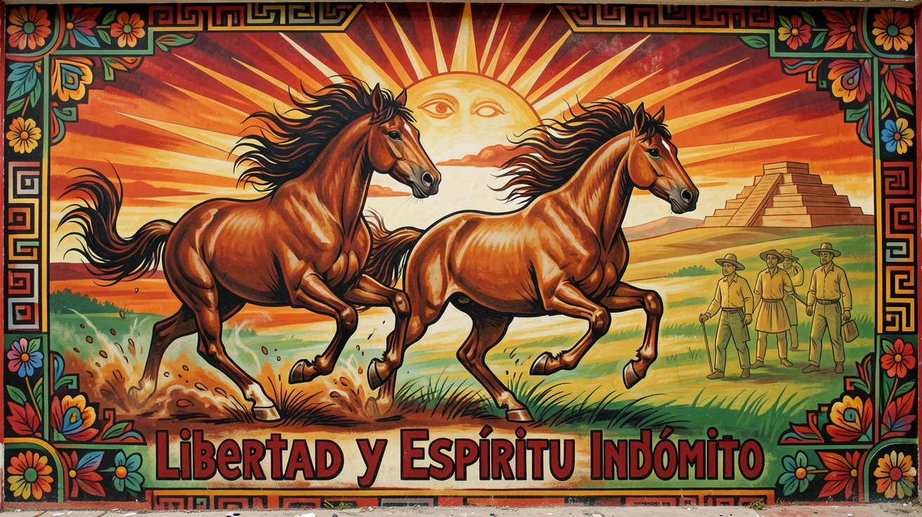 A pair of wild mustangs galloping across an open plain
