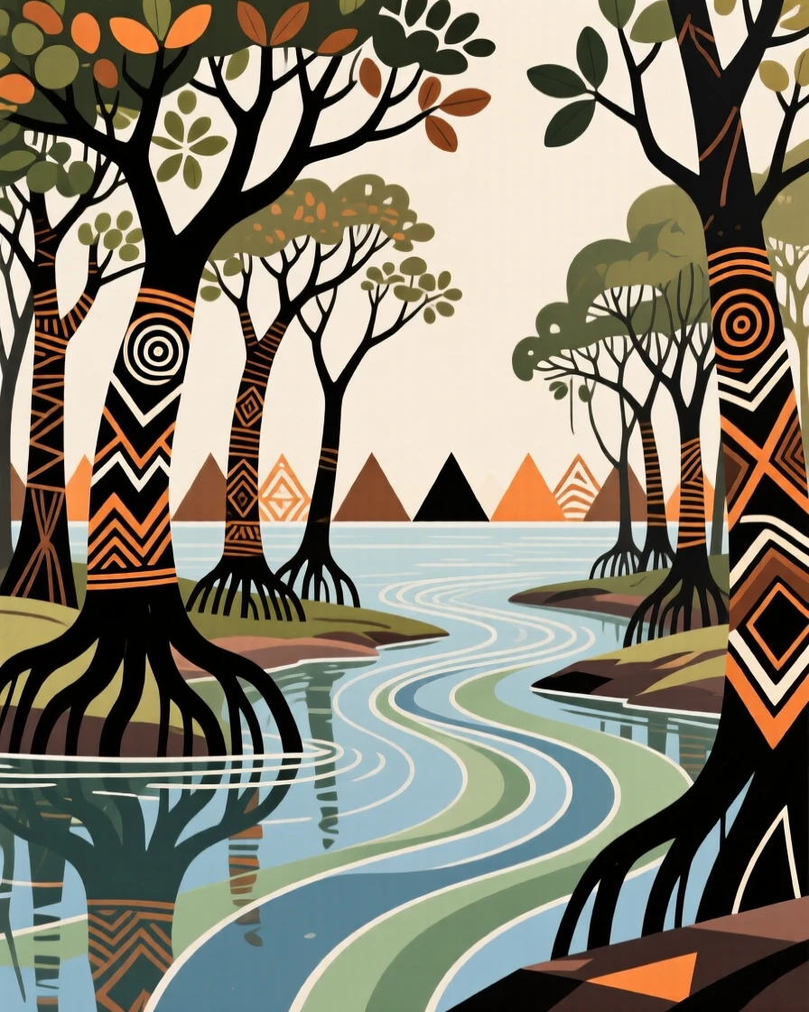 A dense mangrove forest along a quiet estuary.