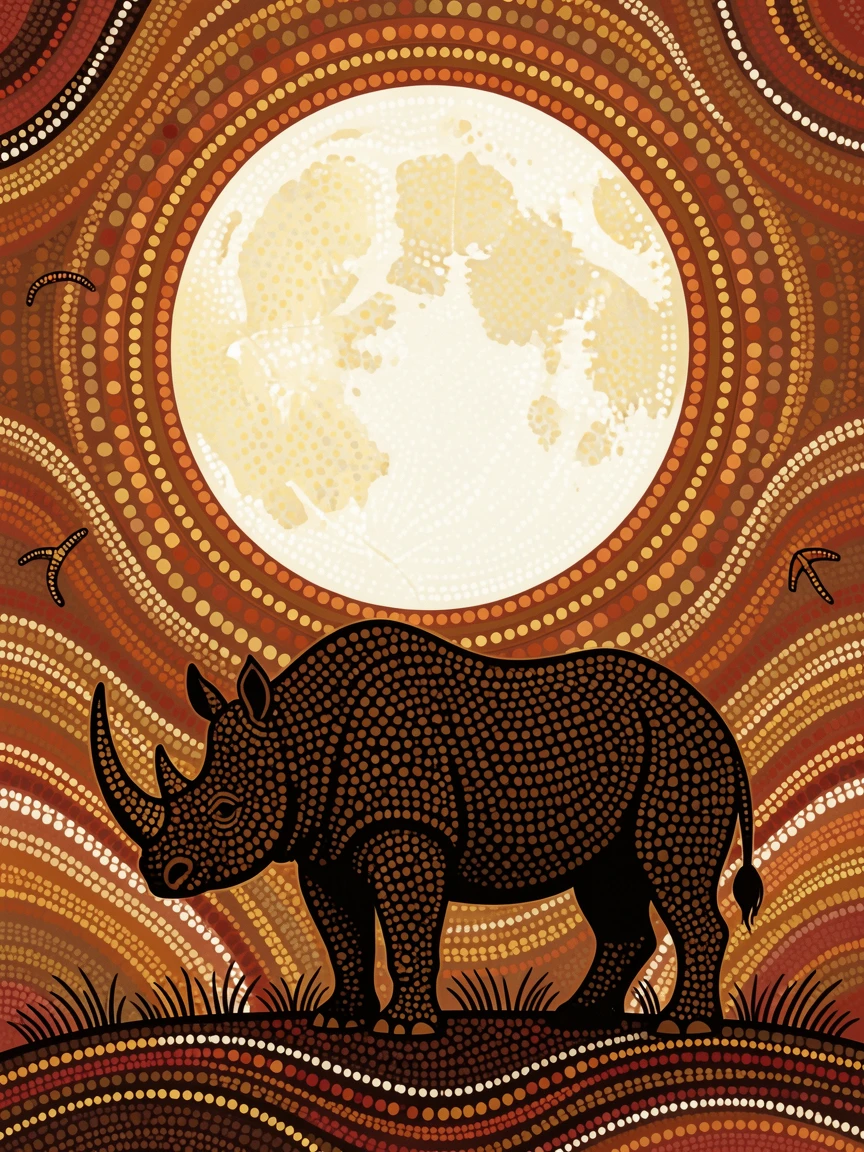 A rhinoceros silhouetted against the rising moon
