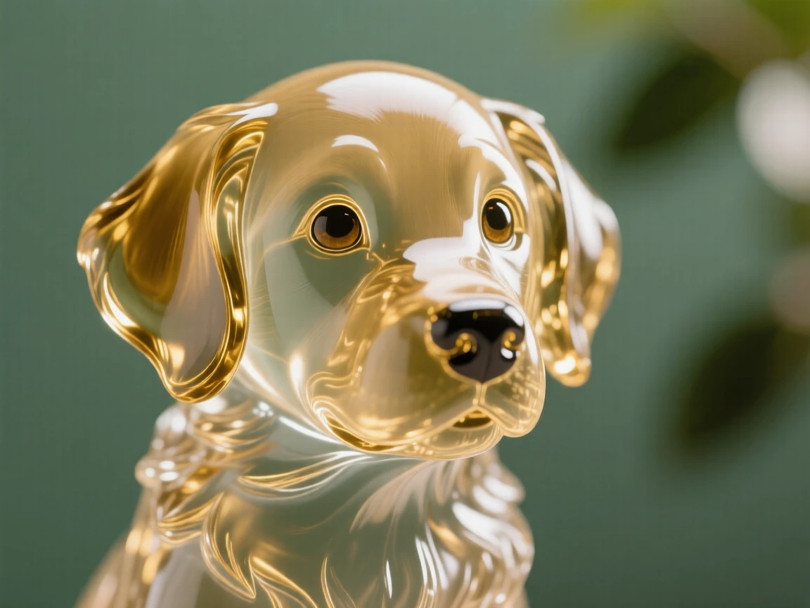 A close-up portrait of a golden retriever puppy, its eyes sharp and expressive, framed by soft bokeh foliage, radiating quiet dignity.