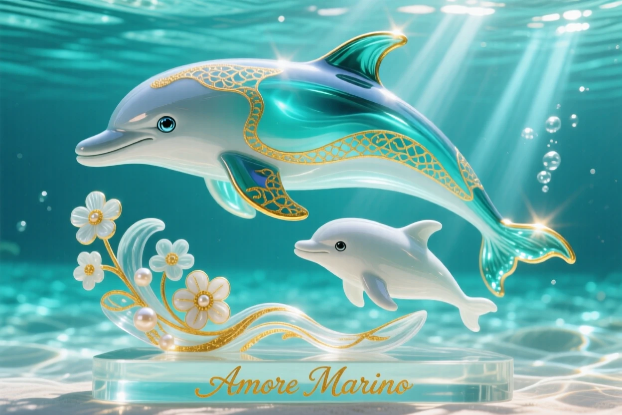 A dolphin calf swimming beside its mother through sunbeams in clear turquoise water, tender and joyful.