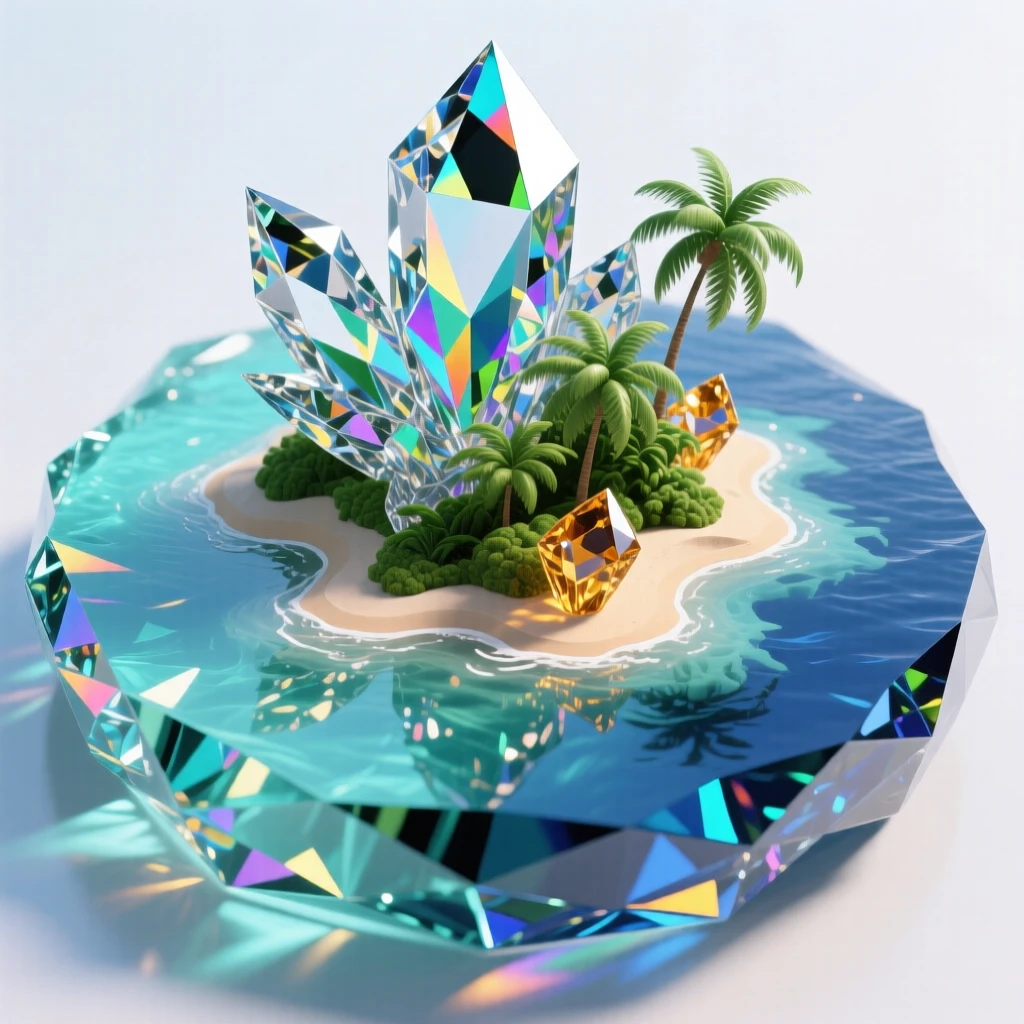 A tropical island seen from above, turquoise water fading into deep blue depths.
