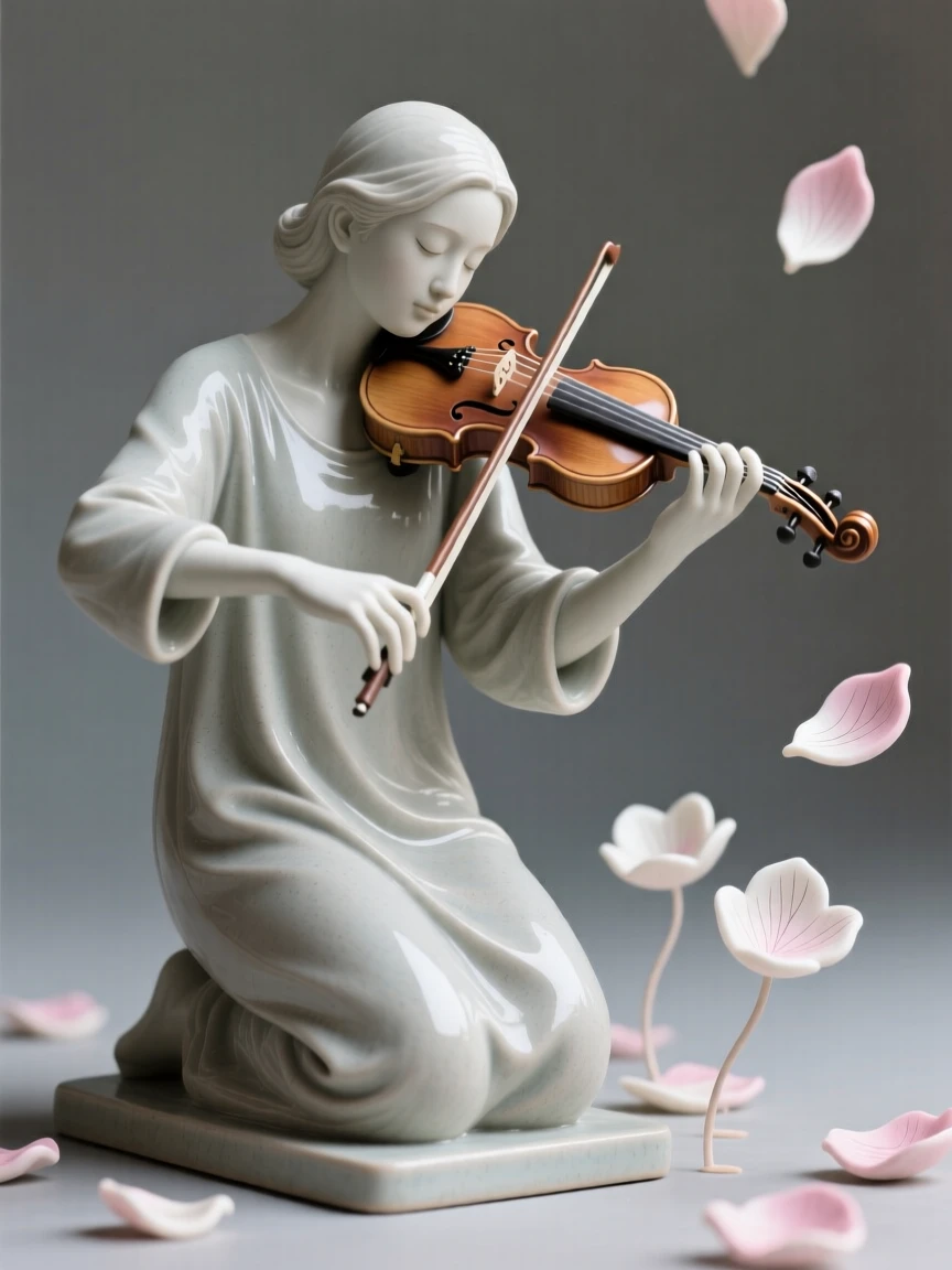 A violinist lost in the melody kneeling with quiet, contemplative stillness, surrounded by softly falling petals, filling the scene with joy and gentle wonder.