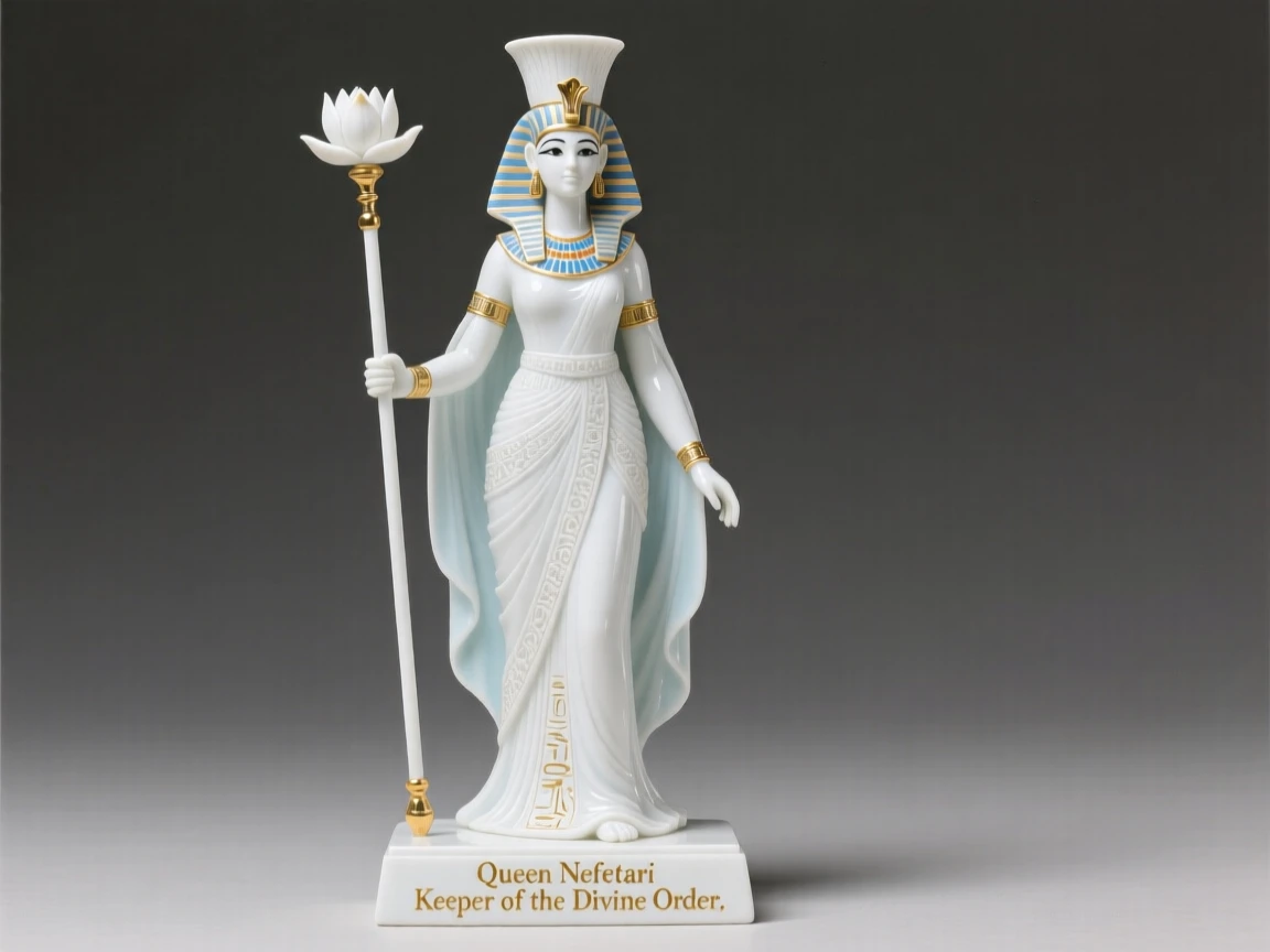 A regal Egyptian queen holding a ceremonial staff of office, adorned in richly detailed regalia.