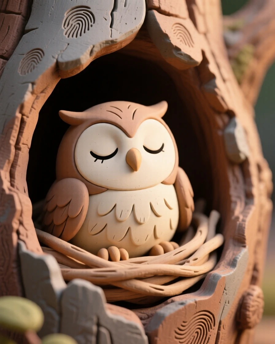 An owlet blinking sleepily inside a cozy tree-hollow nest