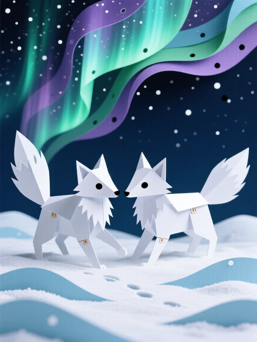 A pair of arctic foxes playing in fresh snow beneath the shimmering northern lights, their white fur glowing under green and purple auroras, evoking magic and wonder.