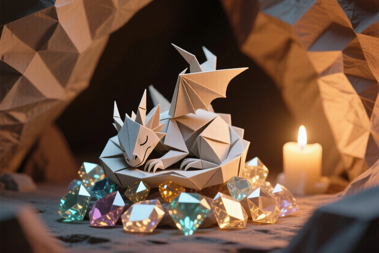 A tiny dragon curled asleep atop a pile of glowing gemstones in a candlelit cave.