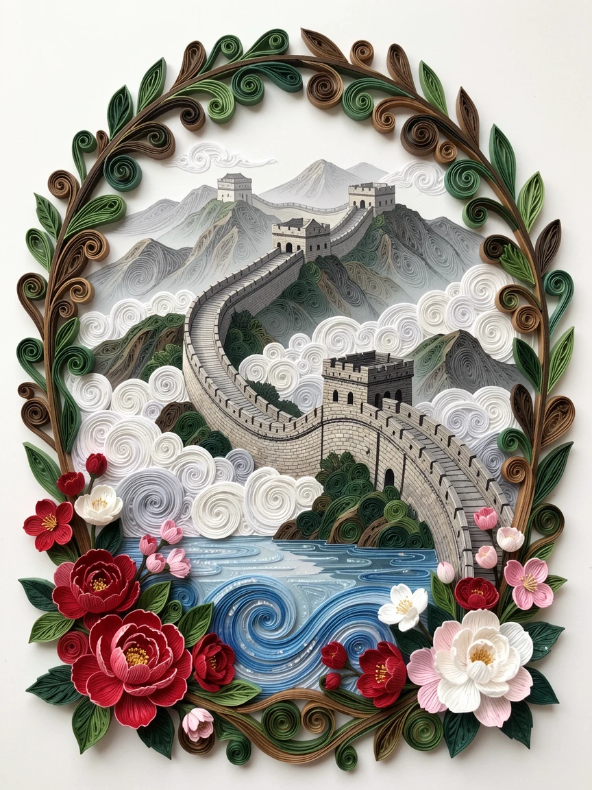 A breathtaking view of the Great Wall of China winding across misty mountain ridges framed by blooming seasonal flowers in the foreground, with soft reflections shimmering on still water, framed within a natural archway of foliage.