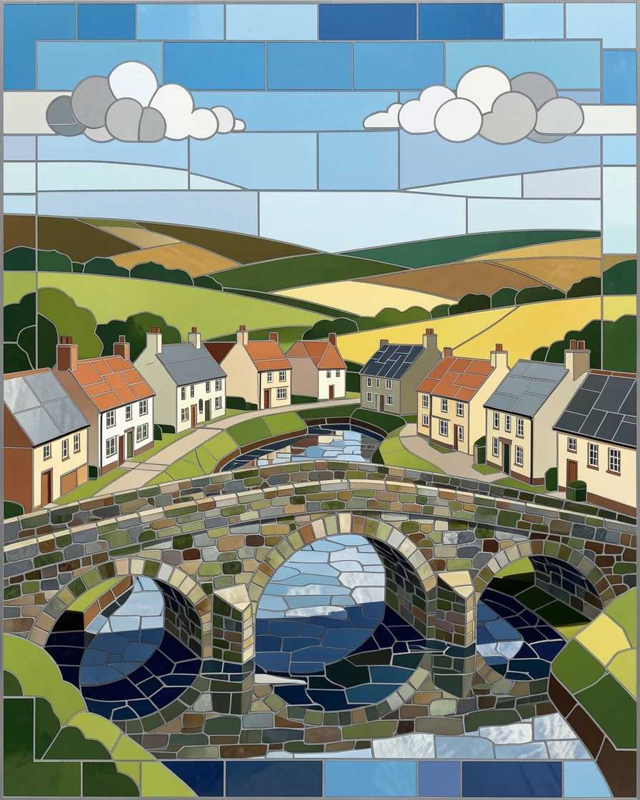 The ancient stone bridges of a quiet english countryside village, viewed from a dramatic elevated vantage point.