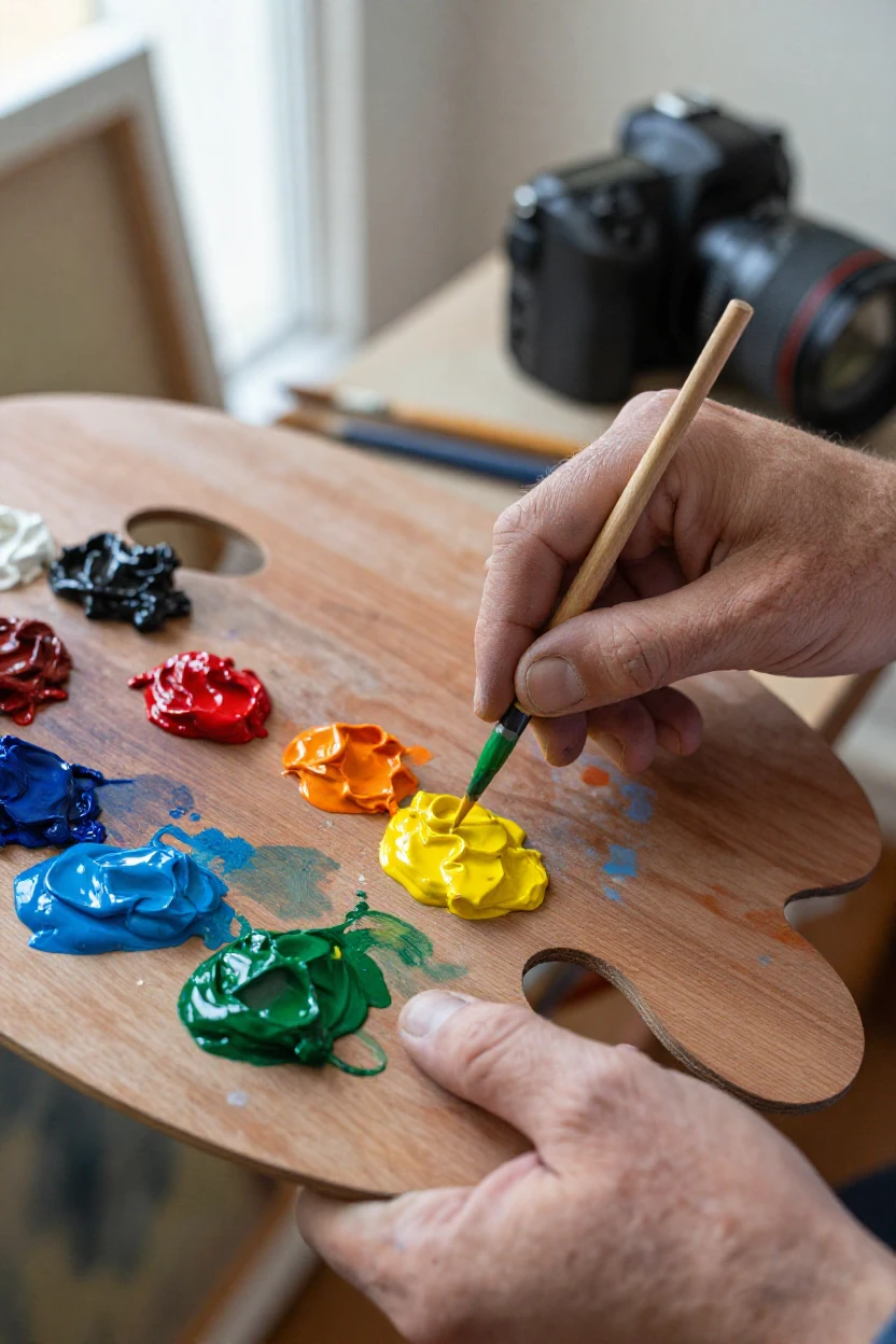 A painter mixing colors on a wooden palette