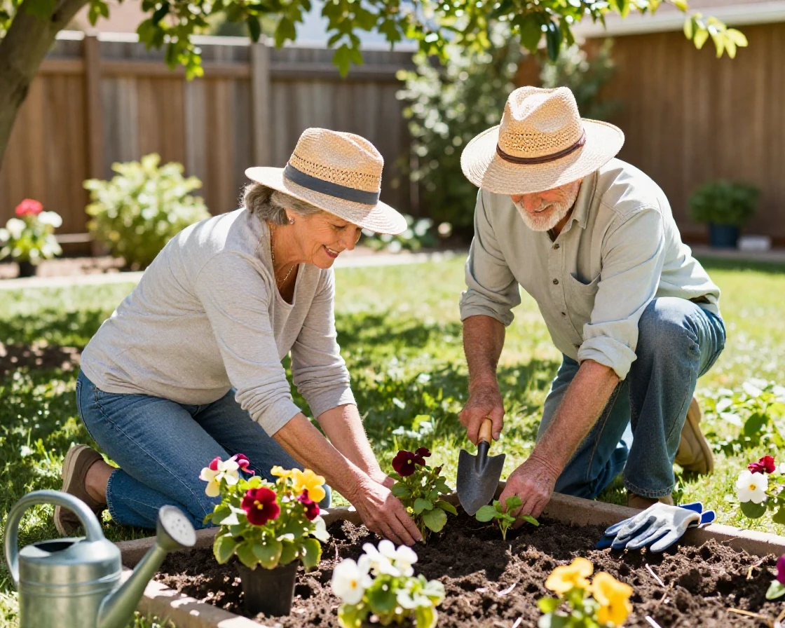 An elderly couple gardens side by side in matching wide-brimmed hats.