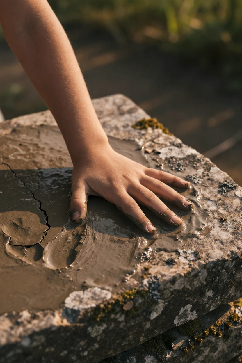 A child's small handprint in wet clay sitting quietly on a stone ledge, quietly telling its own small story