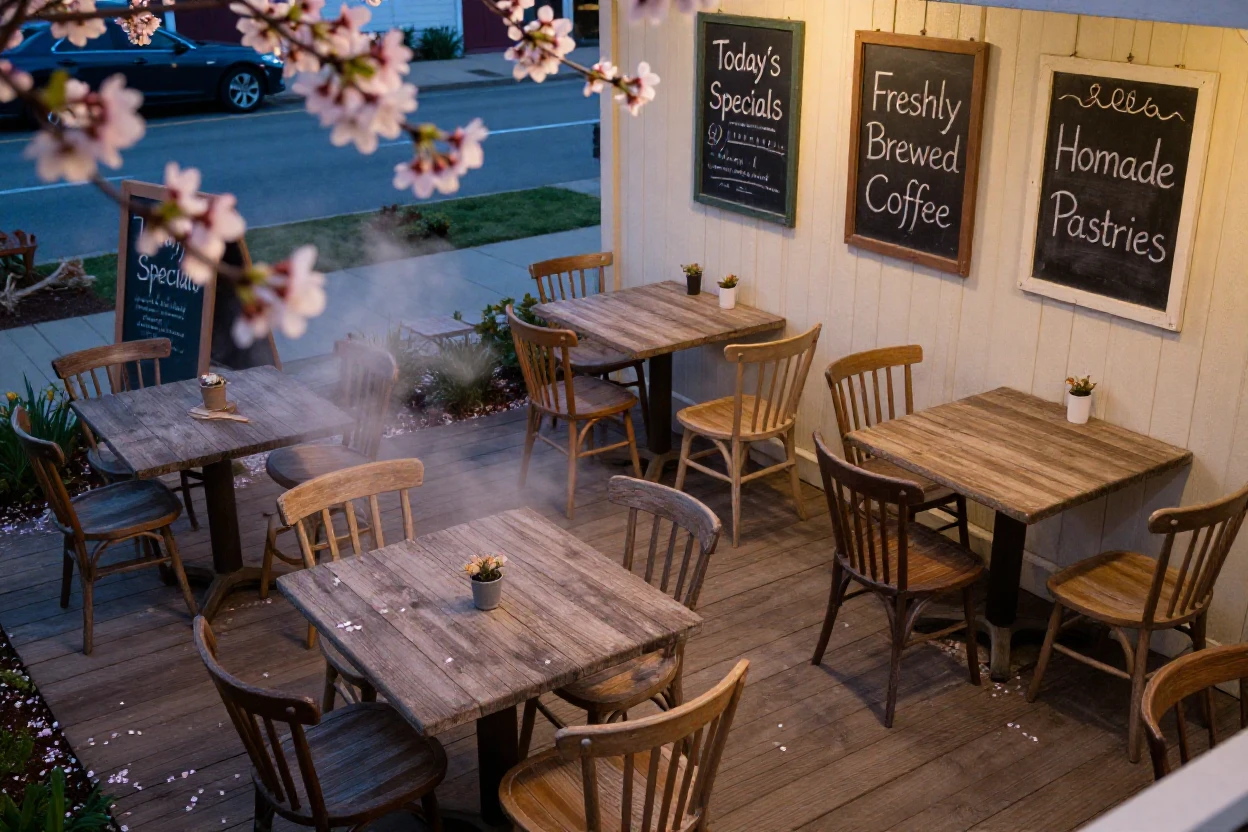 A rustic café with mismatched chairs and chalkboard menus, in cool blue twilight, as mist rises off the ground, as spring blossoms unfurl, in warm honey and cream tones, shot from directly overhead.