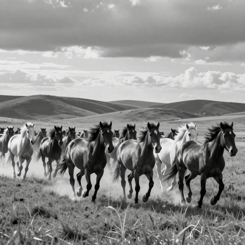 A herd of wild horses gallops freely across an open plain over rolling open grassland.