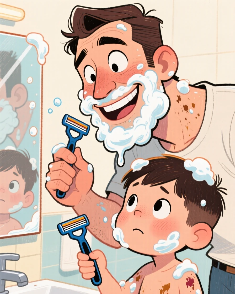 A young father teaching his son to shave, both with foam on their faces.
