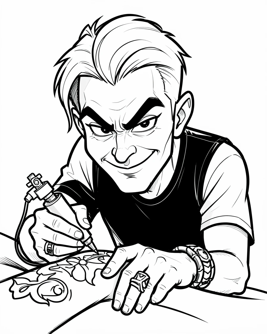 [People Portraits & Characters] Portrait of a proud tattoo artist inking a design with intense focus, full of personality and charm