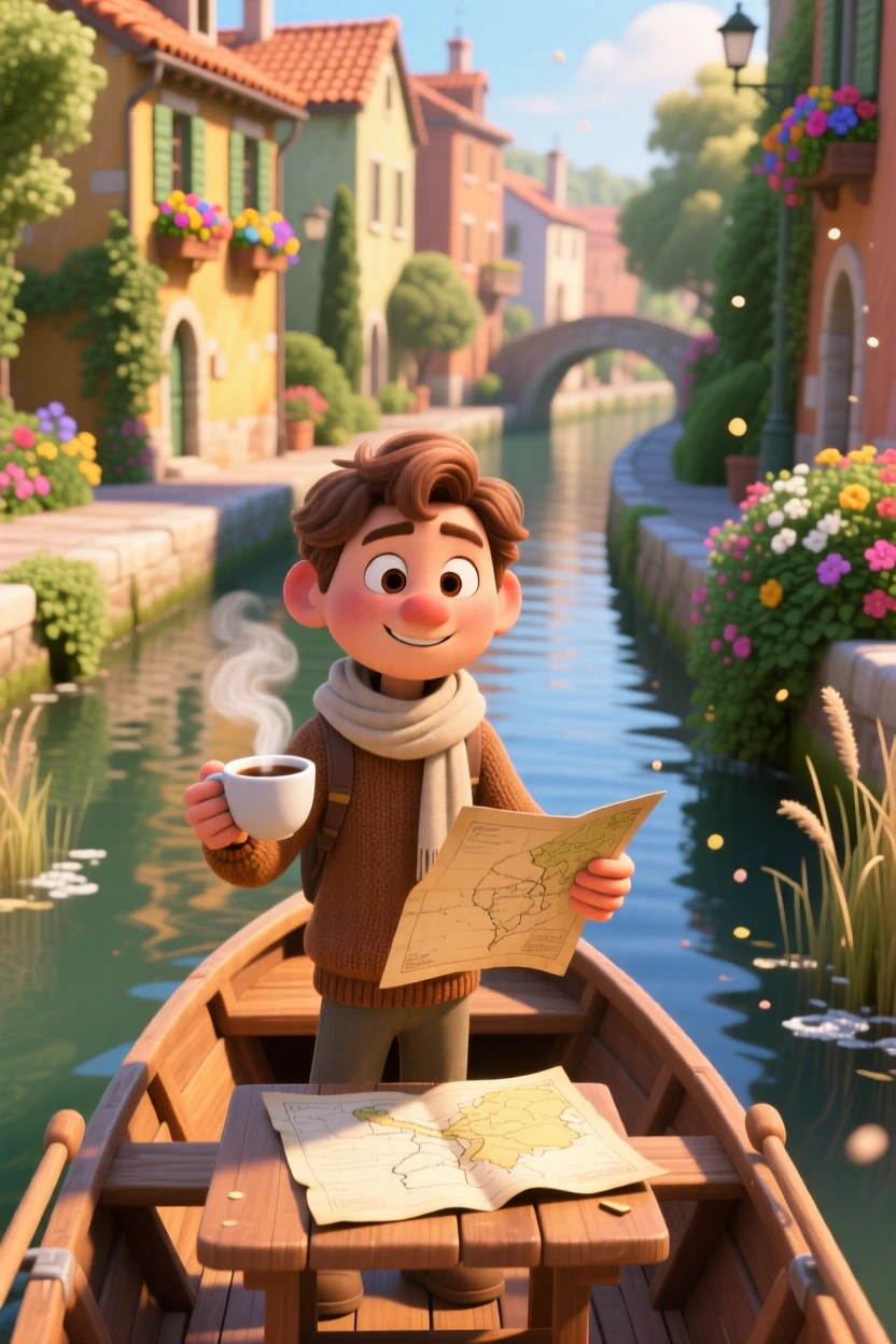 A traveler sipping coffee at a small cafe stands on a small boat gliding through a quiet canal, tracing a path on an old paper map. A warm sense of gratitude and wanderlust colors the moment, with the scent of salt air carried on the wind.