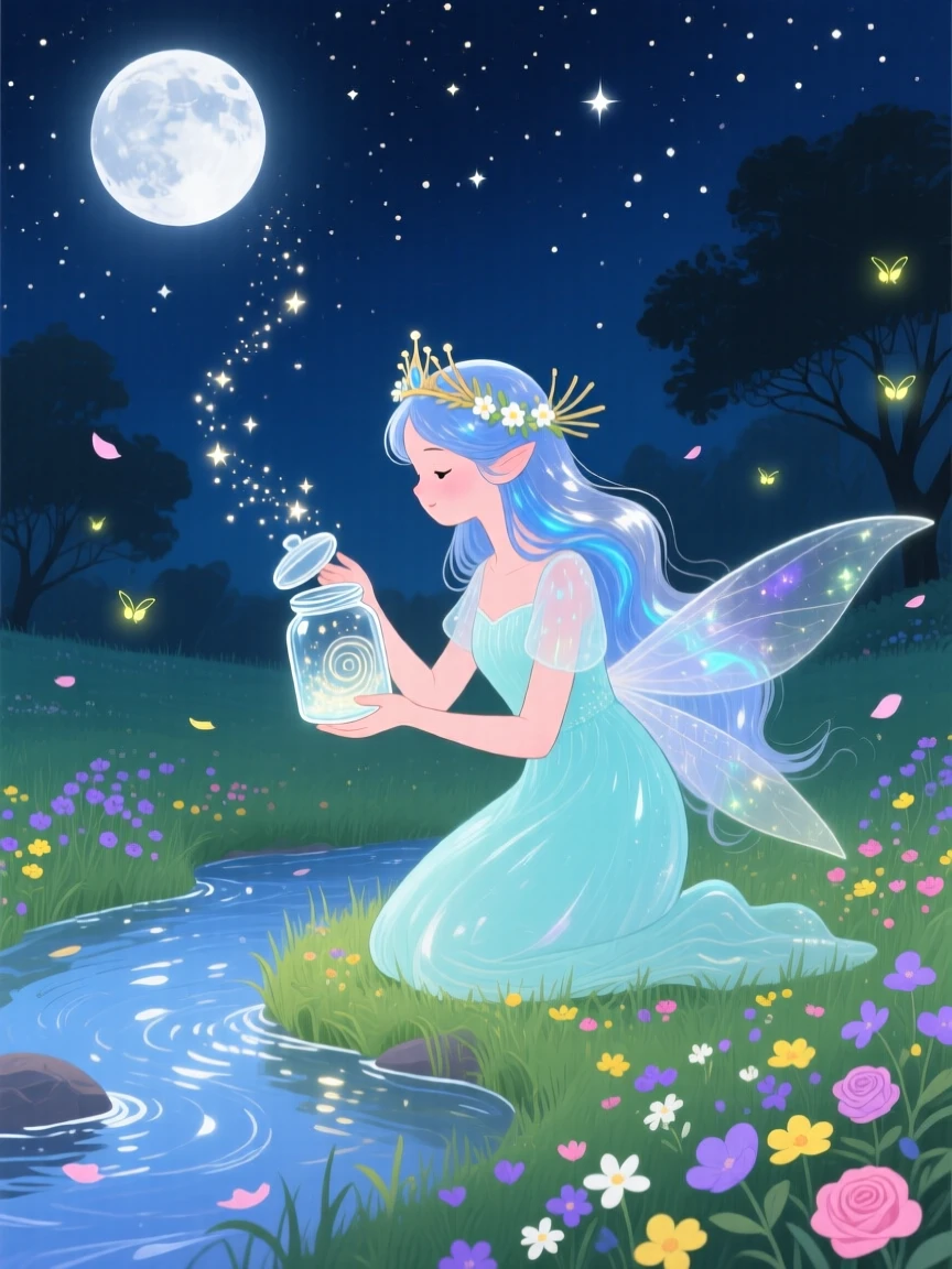 Deep within a moonlit meadow, a river nymph spends the evening collecting stardust in a glass jar, while a gentle breeze carries the scent of flowers.