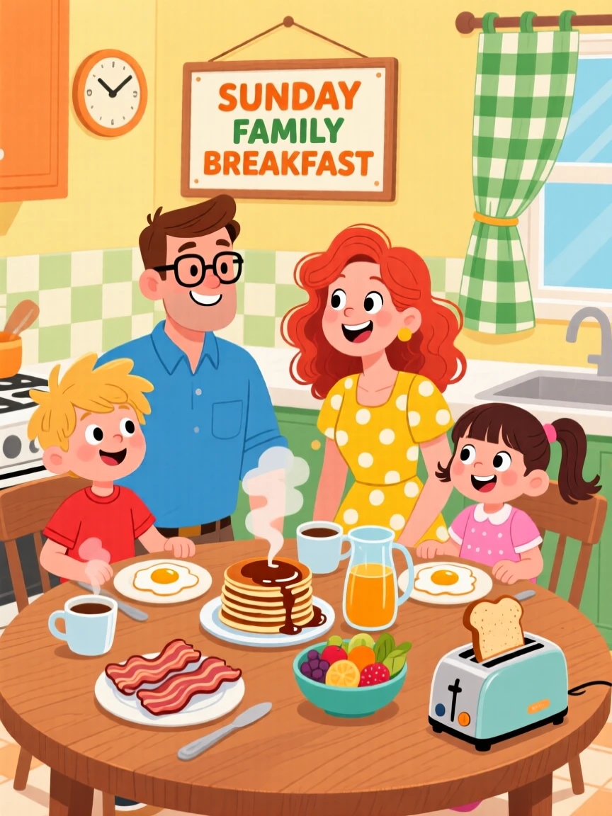 A family gathered around a table sharing a Sunday breakfast.