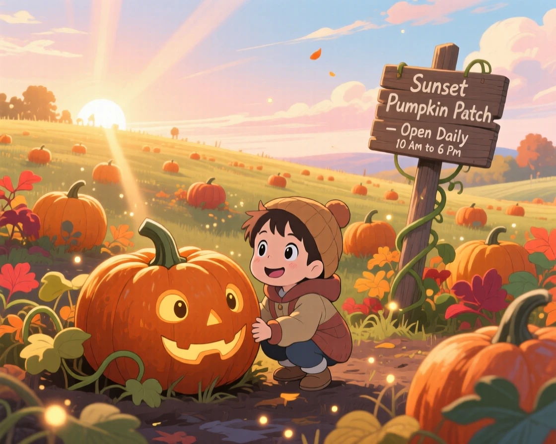 A autumn scene of a pumpkin patch glowing under a low afternoon sun, with soft light filtering through the atmosphere.