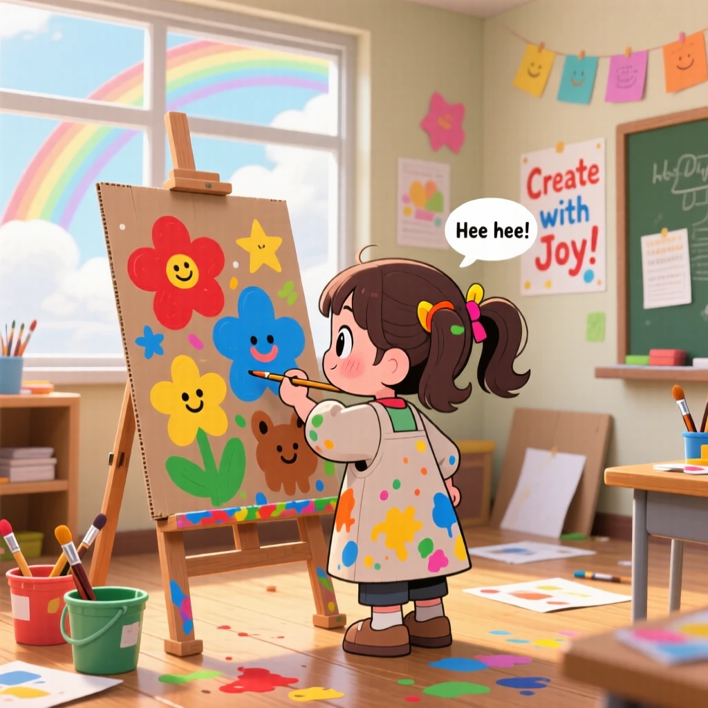 A small girl painting a colorful mural on cardboard in a sunlit art classroom under a rainbow after the rain; diffused overcast light washes over the scene as giggling amusement fills the moment. Over-the-shoulder view.