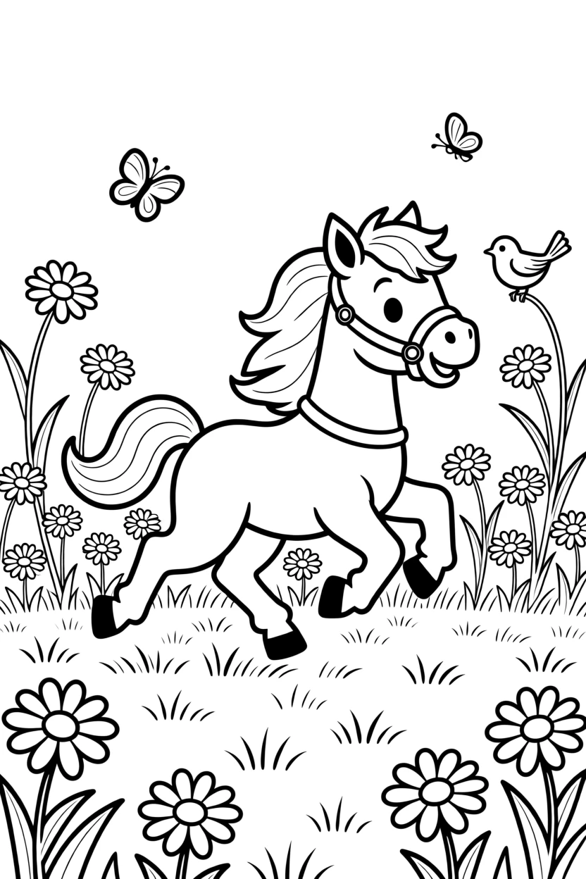 A baby horse trotting through a field of daisies