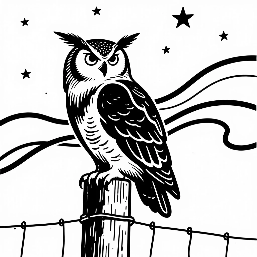 A great horned owl perched on a fence post under a starry sky.
