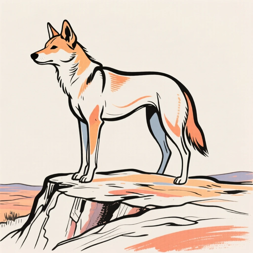 A dingo standing alert on a rocky outback plateau.