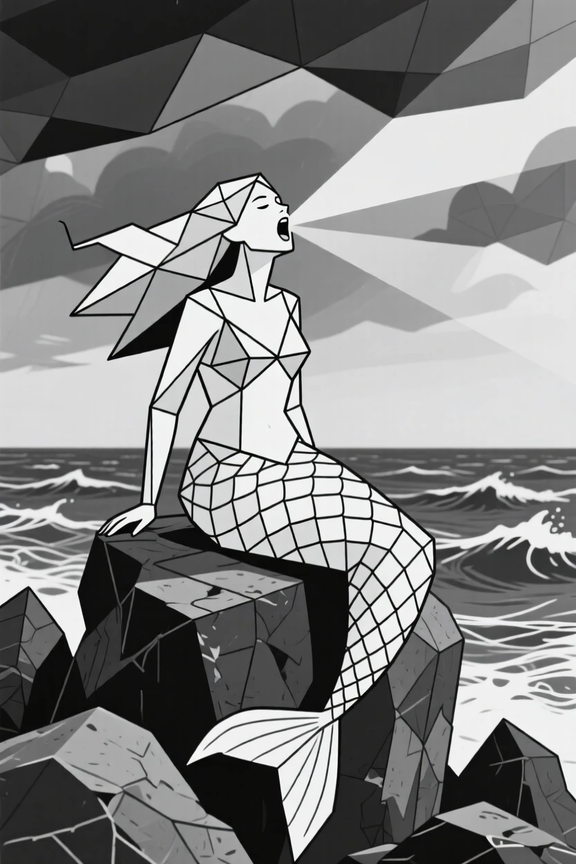 A siren singing atop rocks near a stormy sea