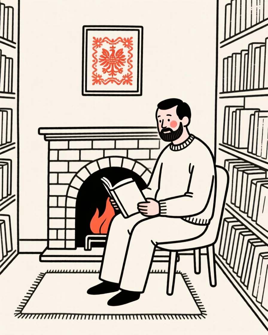 A father of Polish heritage reading a book by a fireplace, inside a vintage bookstore.