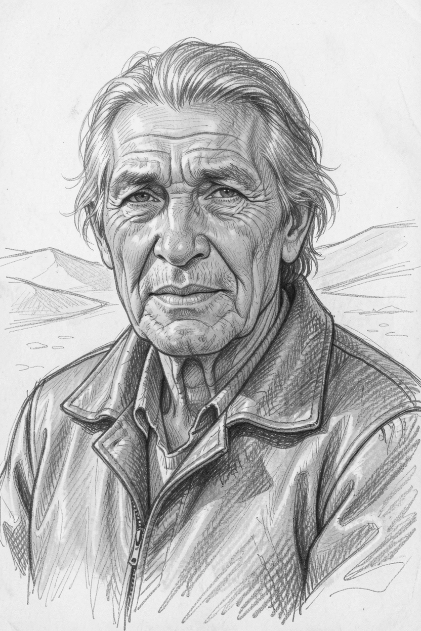 A tender portrait of a wrinkled desert nomad, wearing a weathered leather jacket, standing in golden afternoon light.