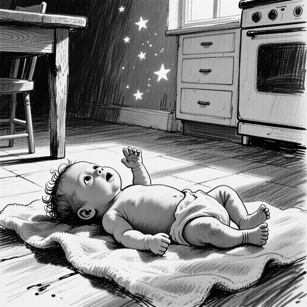 A newborn baby looking up at the stars with wonder, in a sunlit kitchen.