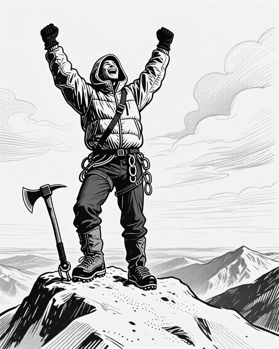 A mountaineer standing triumphantly at a snowy summit, arms raised against a vast sky.