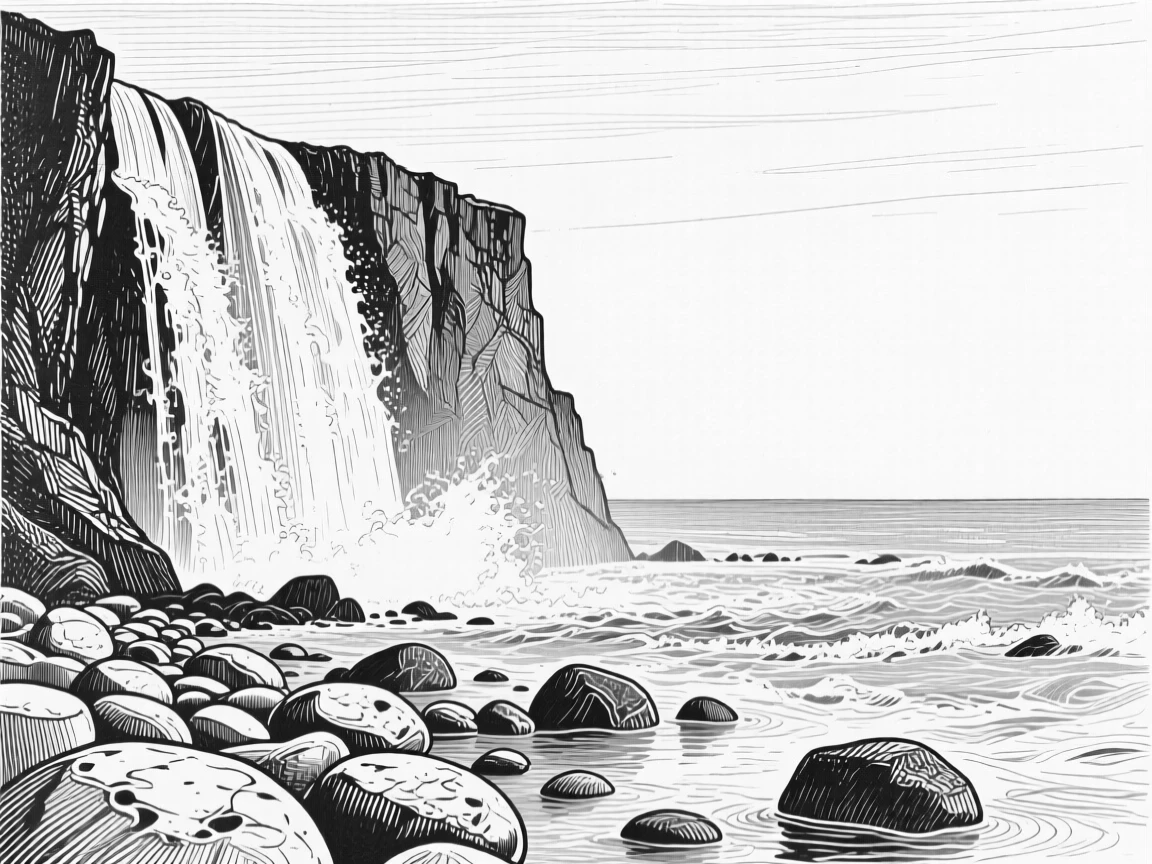 A cascading waterfall at the edge of an endless horizon, with smooth stones worn by centuries of tide, evoking a gently nostalgic atmosphere in a wide, balanced composition.