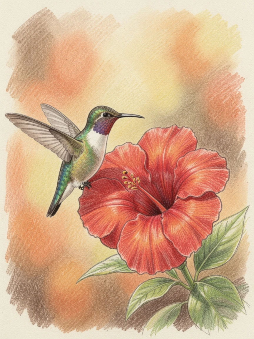 A hummingbird hovering beside a bright red trumpet flower, set against a warm, softly blurred background, capturing a heartwarming, tender connection.