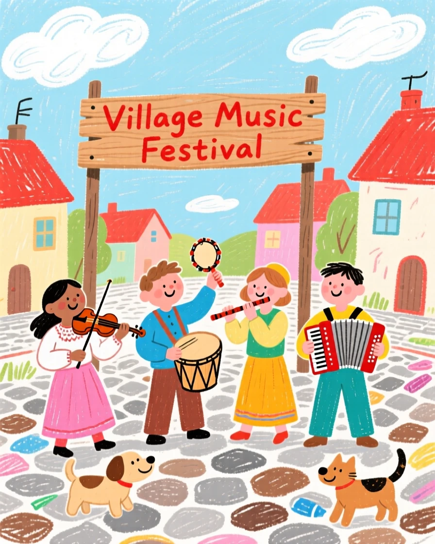 A group of musicians playing traditional instruments in a village square.