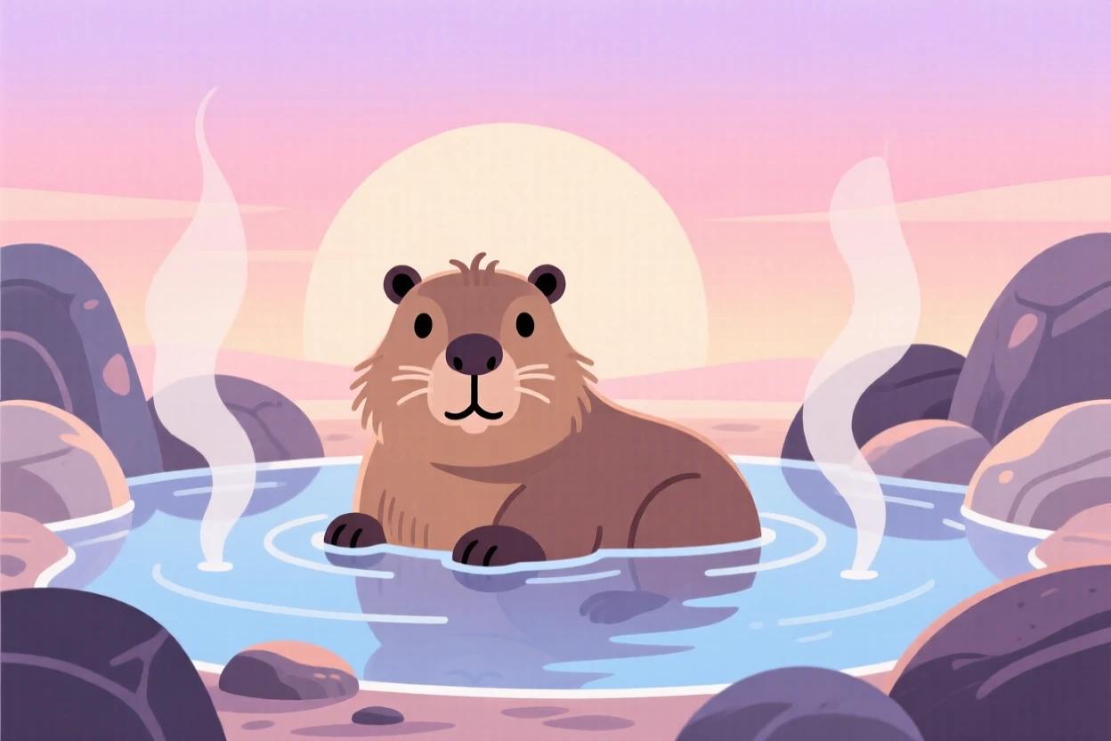 A capybara relaxing in a warm natural hot spring, set against a soft pastel sunrise over the horizon, arranged in a balanced symmetrical composition, with a sense of playful curiosity captured perfectly.