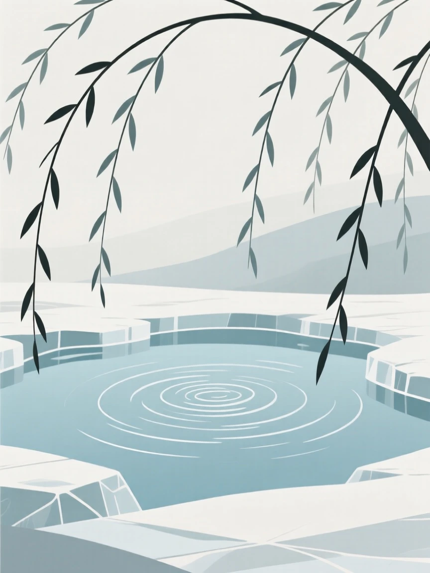 A tranquil glacial pool surrounded by willow branches, with gentle ripples on the surface.